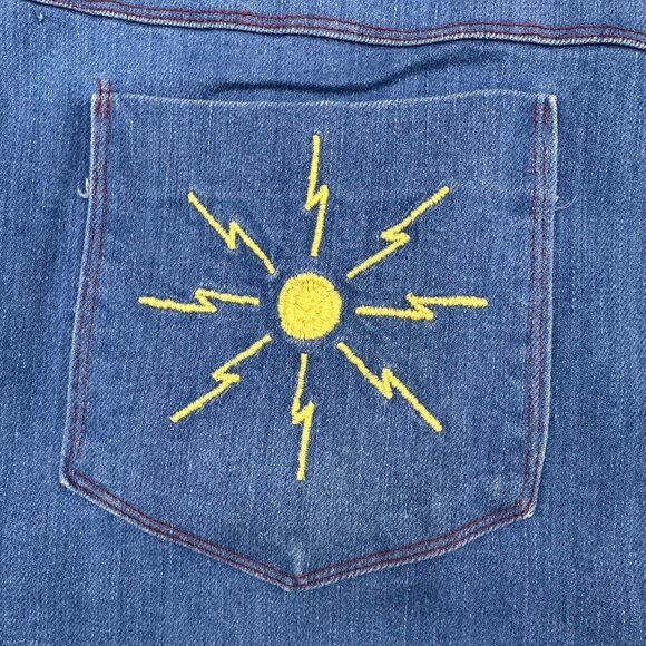 Vintage Handmade Blue Jeans Unisex 1970s Embroidered Sun Pockets TJ Denim Retro - Picture 5 of 6
